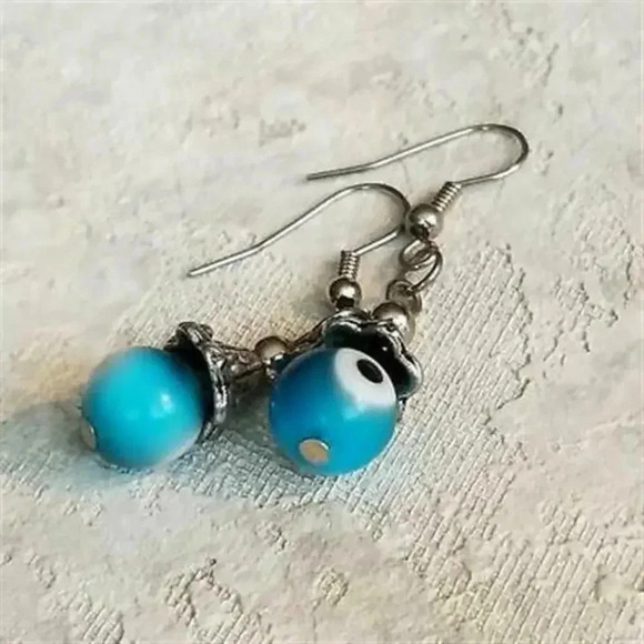 Handmade Evil Eye Turquoise Lampwork Glass Protective Talisman Drop Earrings - Picture 4 of 5